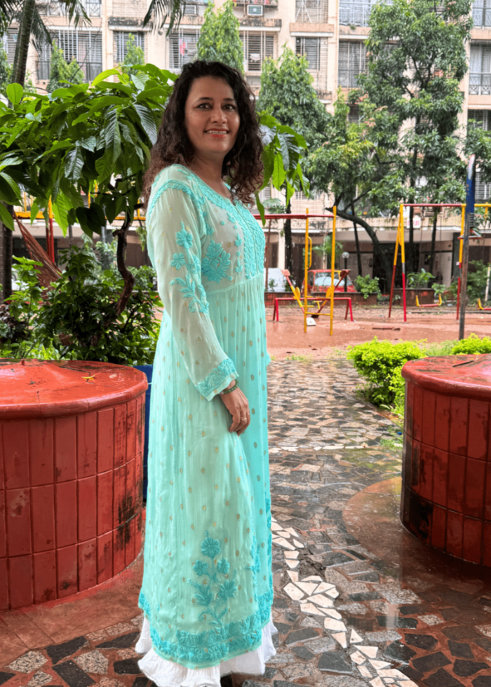 GREEN CHIFFON GEORGETTE SELF BUTTI KURTA