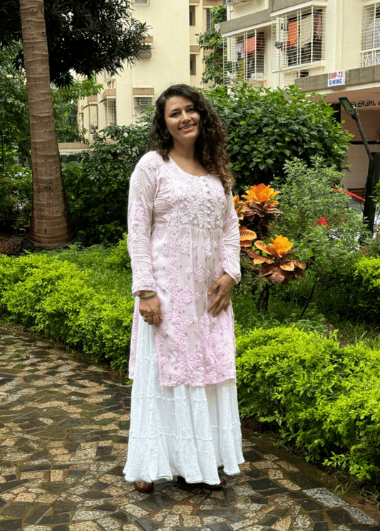 PINK GEORGETTE LUCKNOWI KURTA