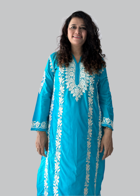 BLUE PURE SILK LUCKNOWI KURTA