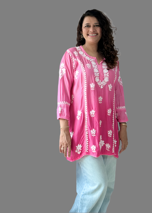 PINK LUCKNOWI MUSLIN SHORT TOP