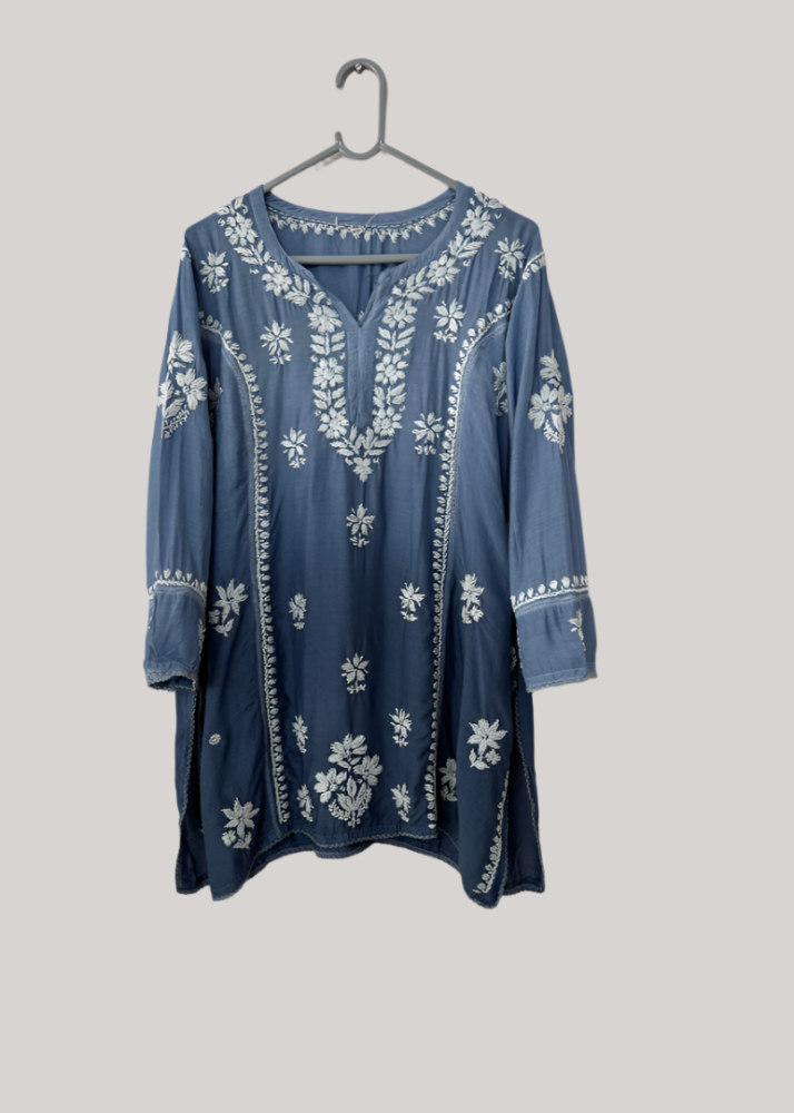 BLUE LUCKNOWI MUSLIN TOP