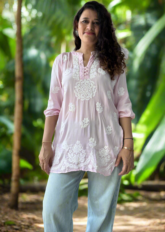 PINK SATEEN SILK COLLAR KURTA