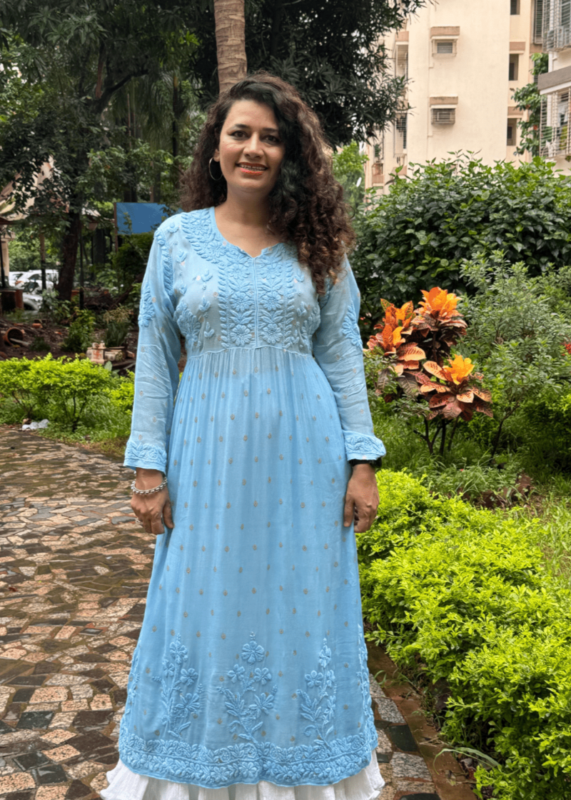 BLUE GEORGETTE LUCKNOWI KURTA