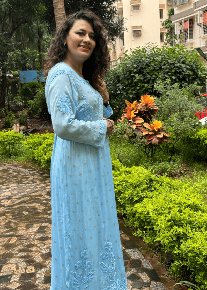 BLUE GEORGETTE LUCKNOWI KURTA