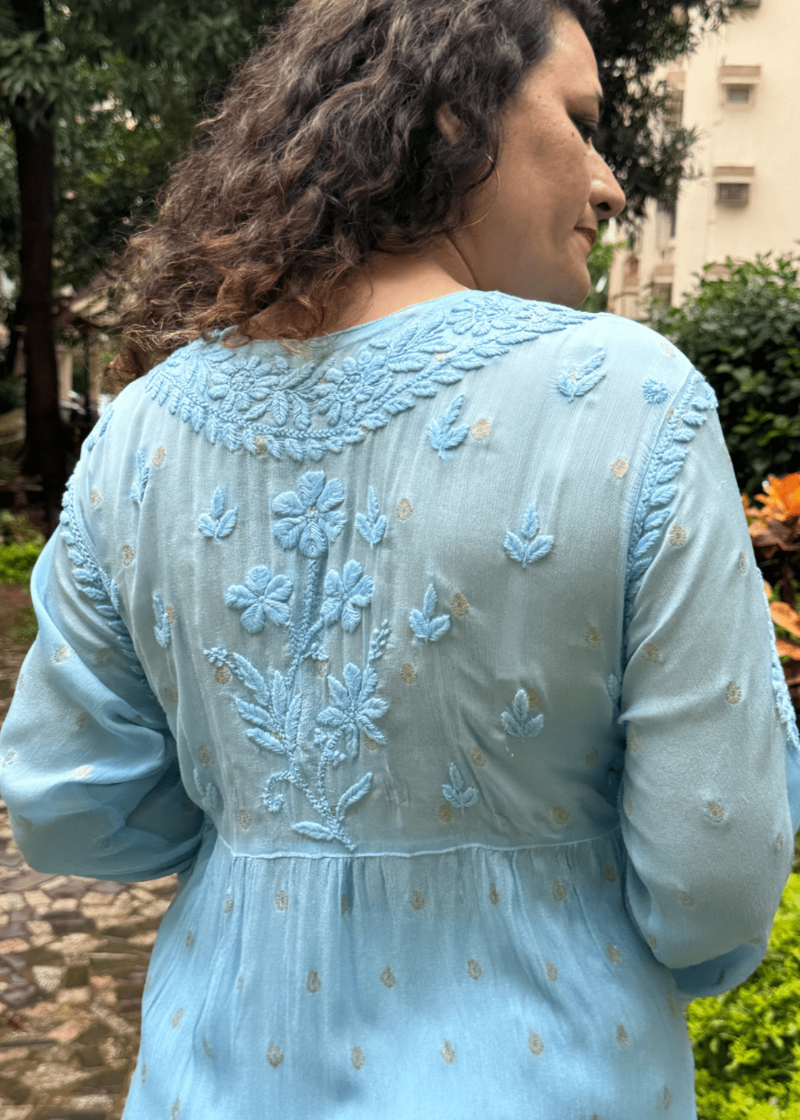 BLUE GEORGETTE LUCKNOWI KURTA