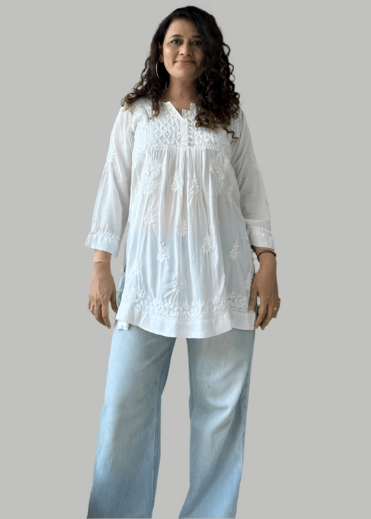 LUCKNOWI CASUAL WHITE SHORT TOP