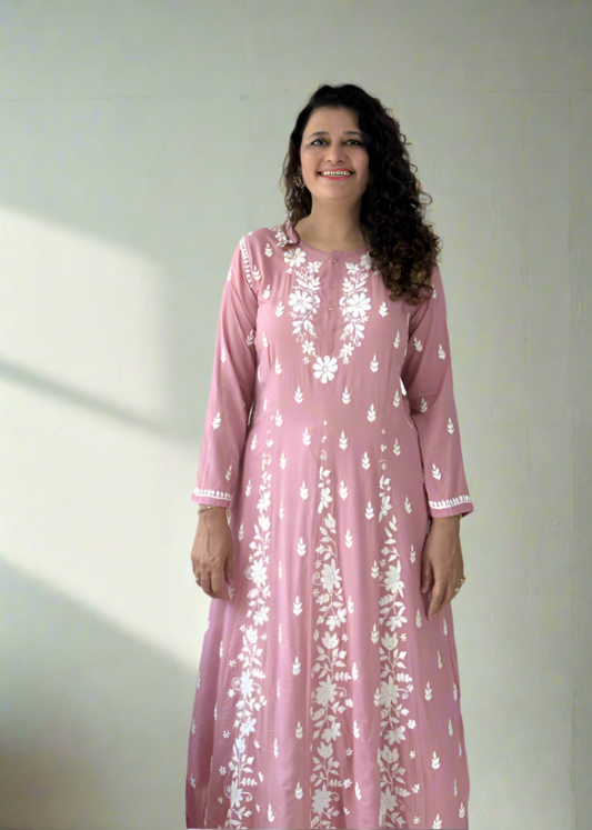 PINK ANARKALI LUCKNOWI KURTA