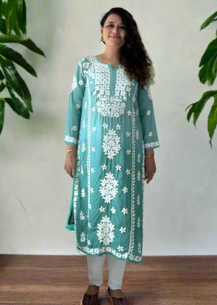 GREEN MUSLIN SILK LONG KURTA