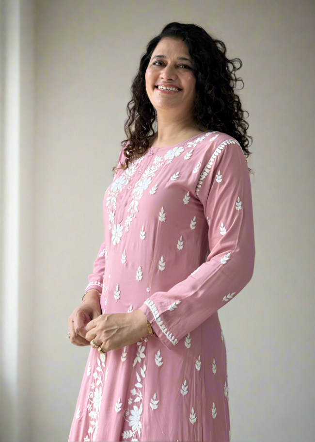 PINK ANARKALI LUCKNOWI KURTA