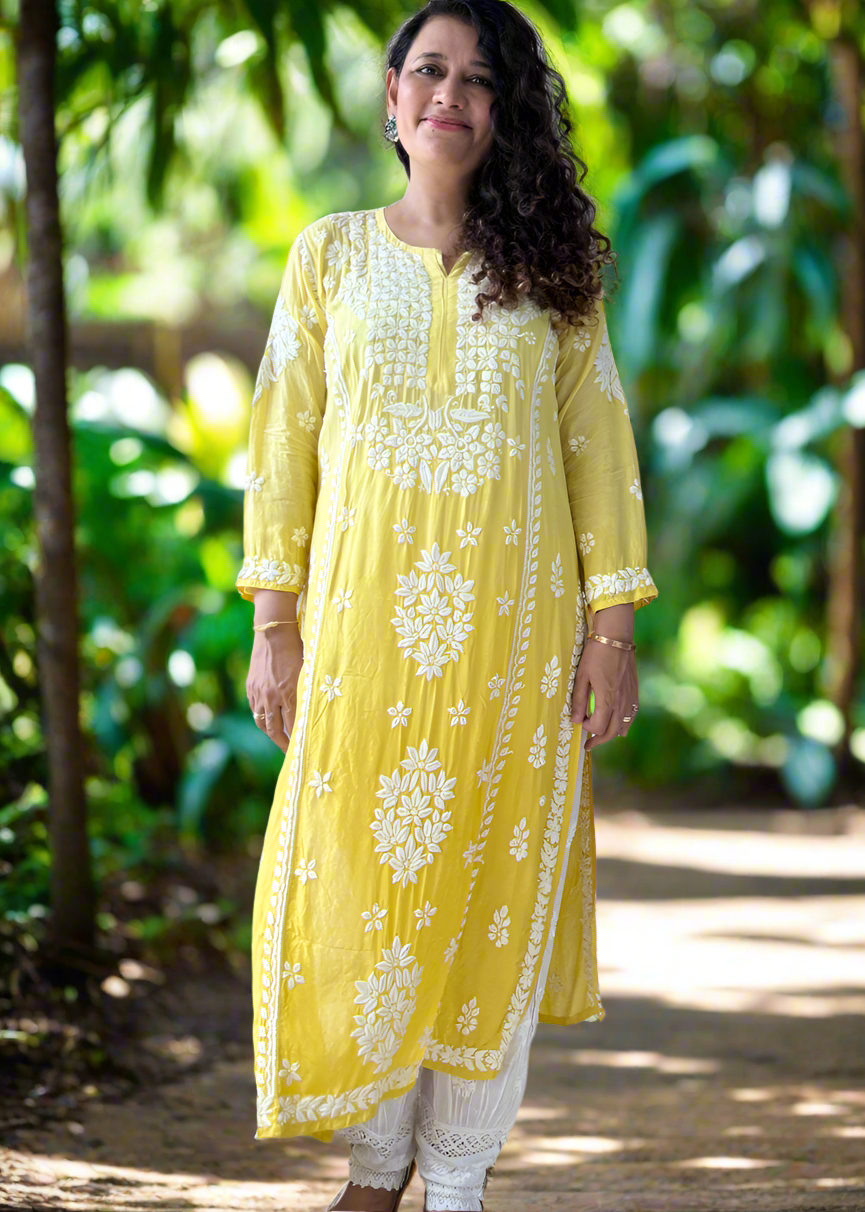 YELLOW MUSLIN SILK LONG KURTA