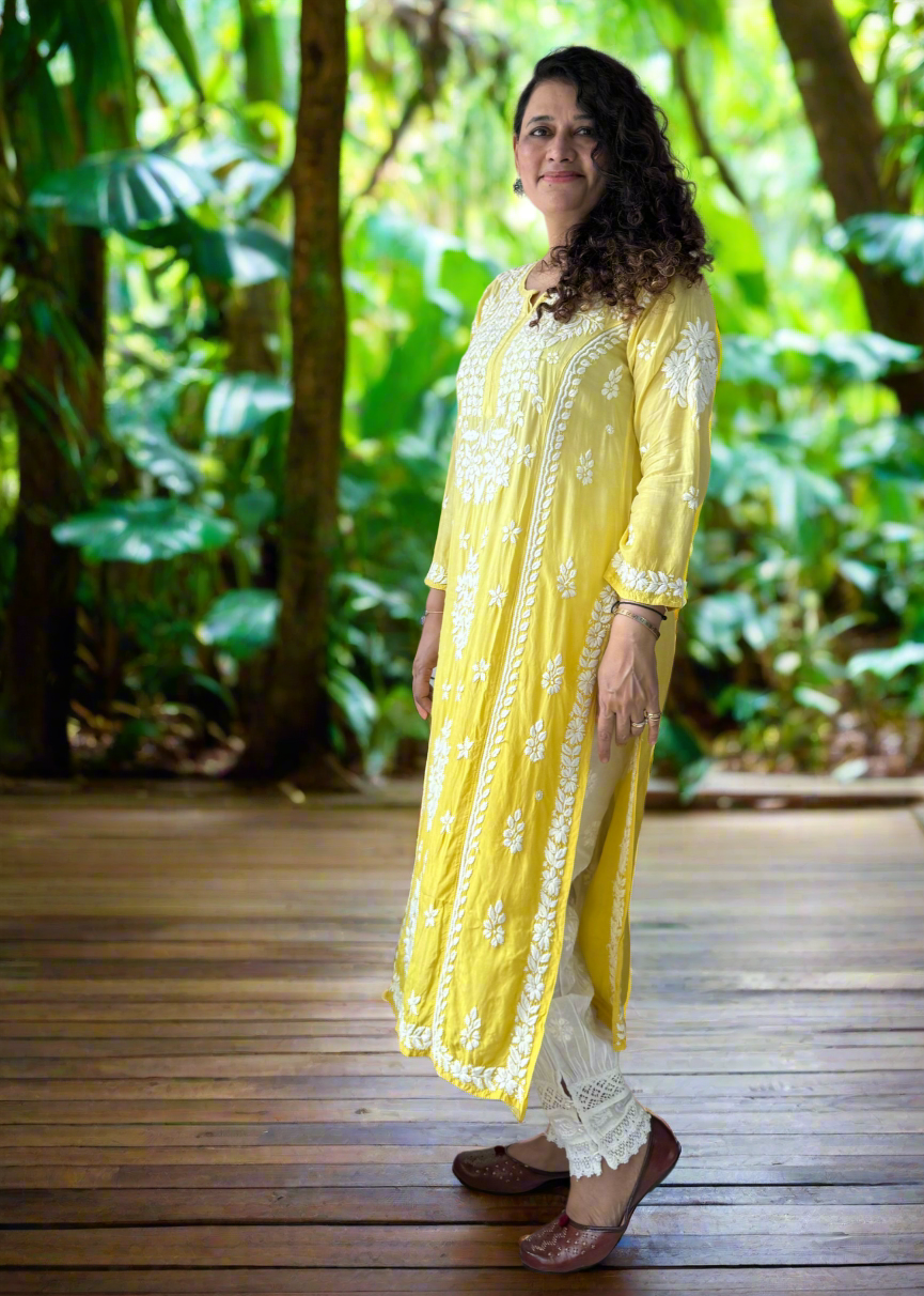 YELLOW MUSLIN SILK LONG KURTA