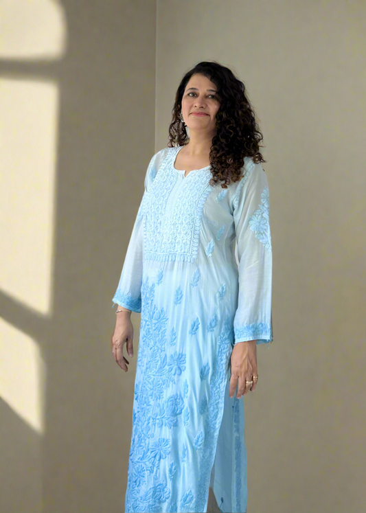 BLUE OMBRE LUCKNOWI MUSLIN KURTA