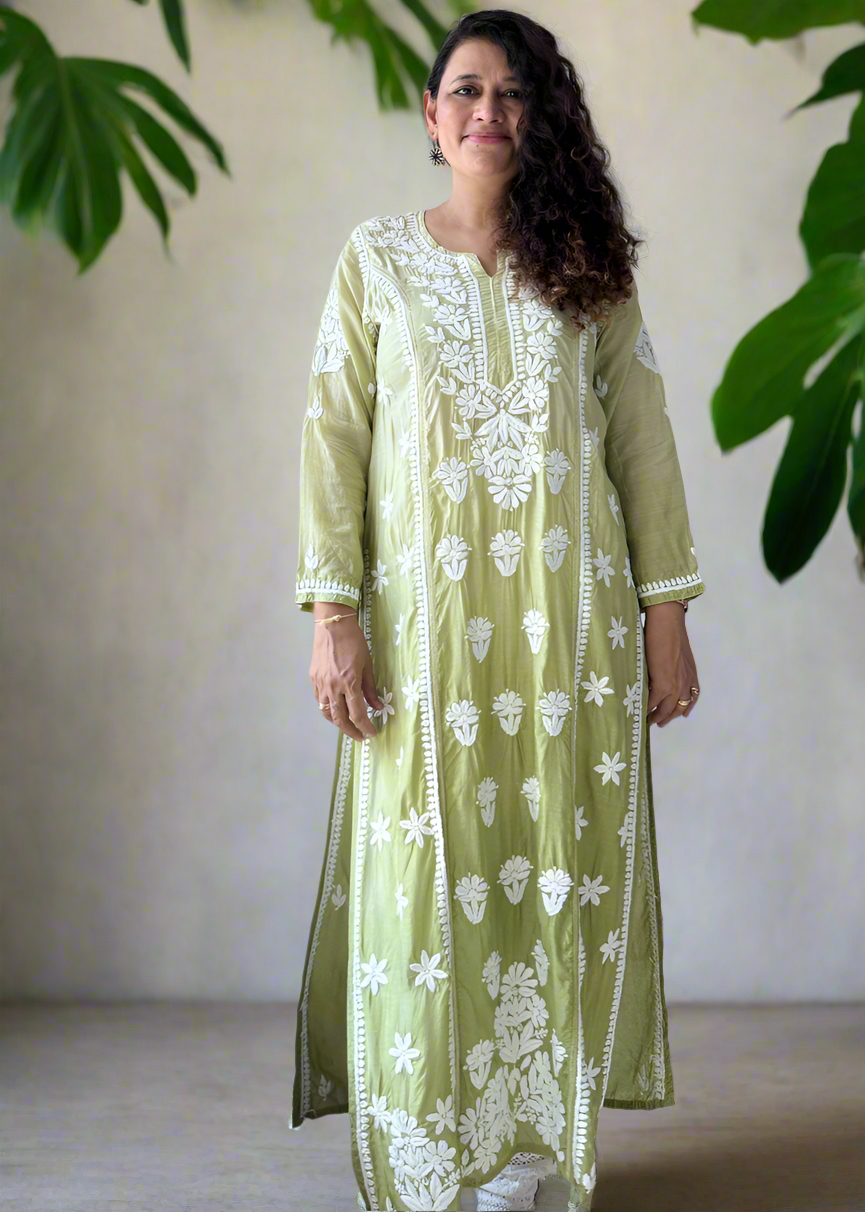 LIGHT GREEN MUSLIN SILK LONG KURTA