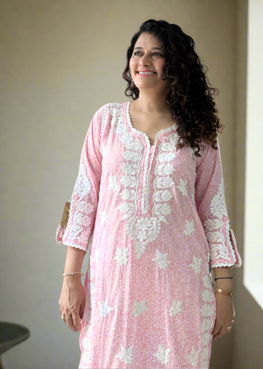 PINK PRINTED LUCKNOWI KURTA