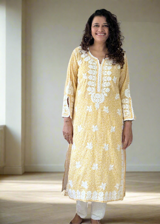 YELLOW PRINTED LUCKNOWI KURTA