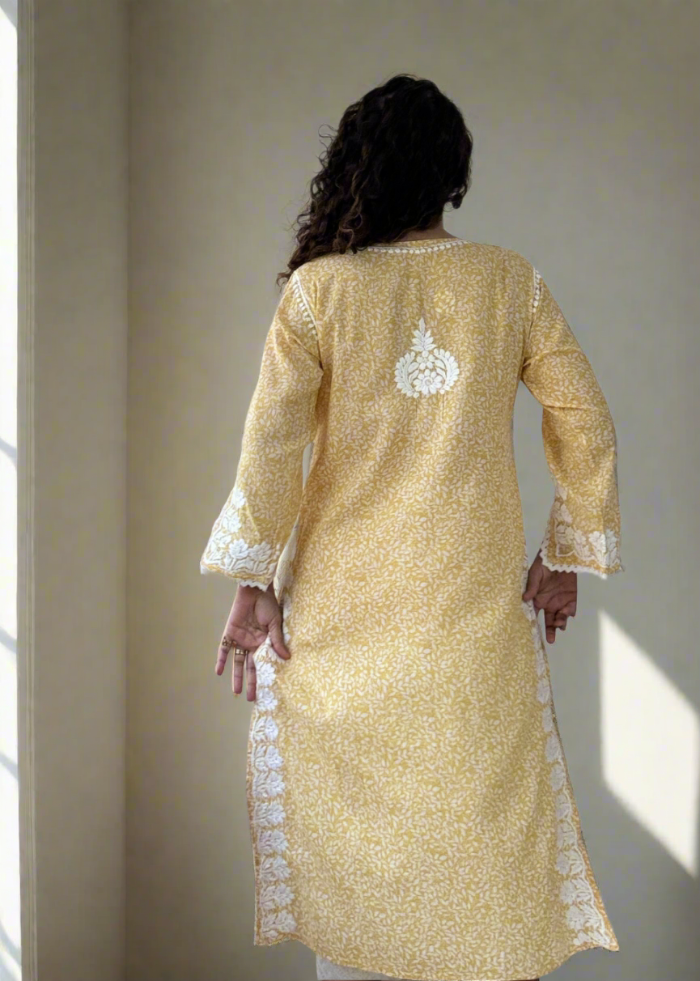 YELLOW PRINTED LUCKNOWI KURTA