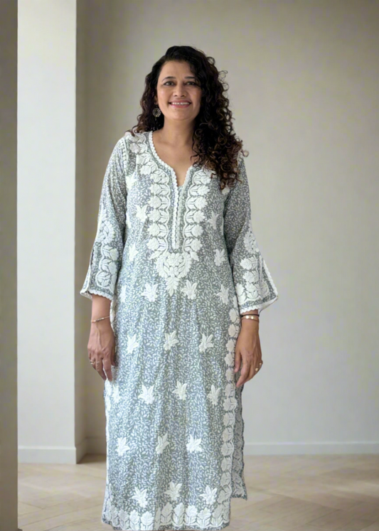 GREY PRINTED LUCKNOWI KURTA