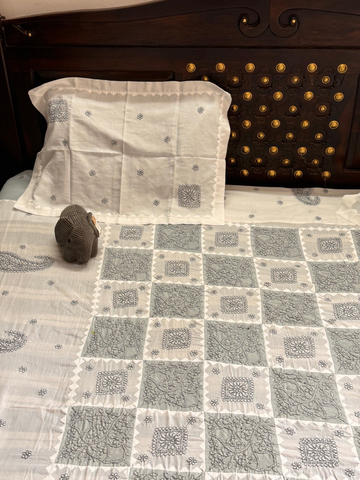 GREY CHIKANKARI BEDSHEETS