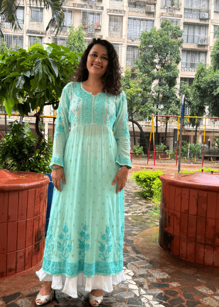 GREEN CHIFFON GEORGETTE SELF BUTTI KURTA