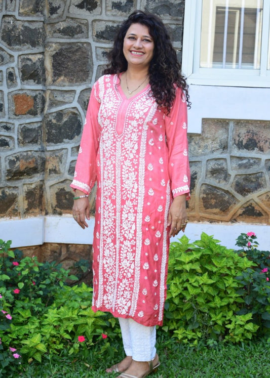 PEACH MUSLIN LUCKNOWI KURTA