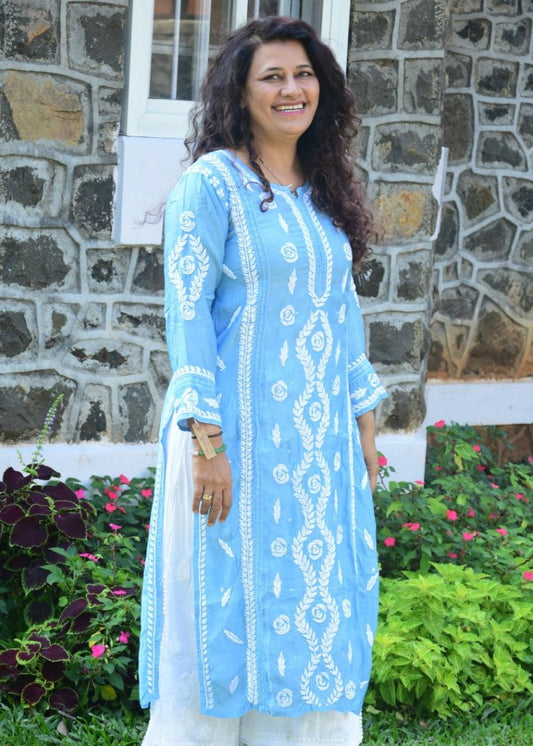 BLUE LUCKNOWI MUSLIN KURTA